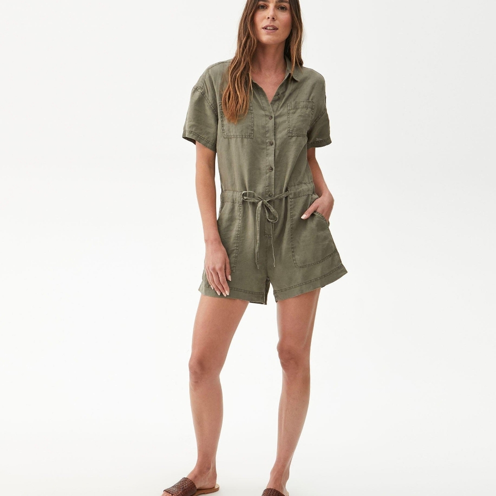 Michael Stars Green Woven Linen Nadine Romper NWT
